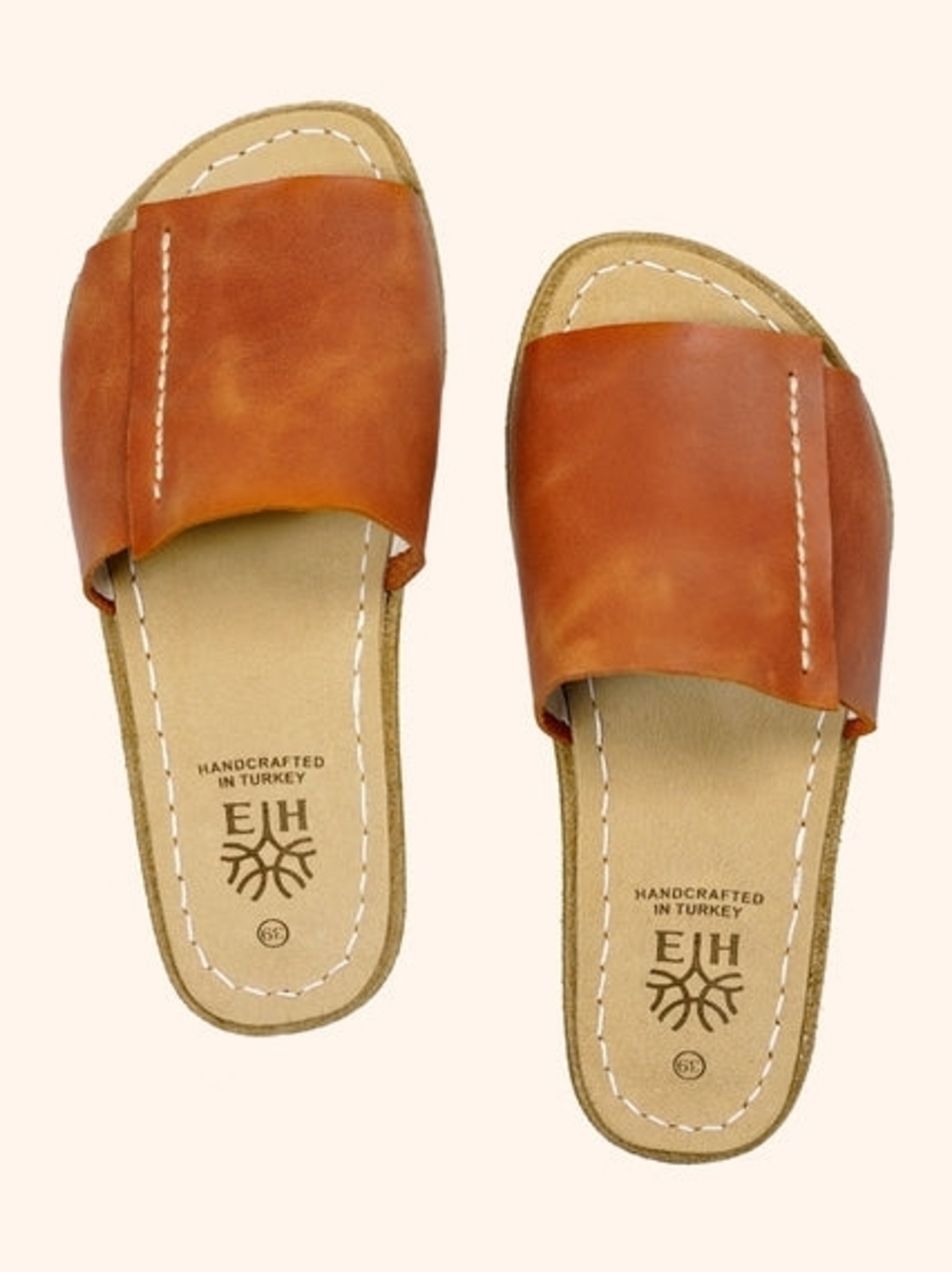 Handcrafted Tan Leather Slide Sandals - Women's